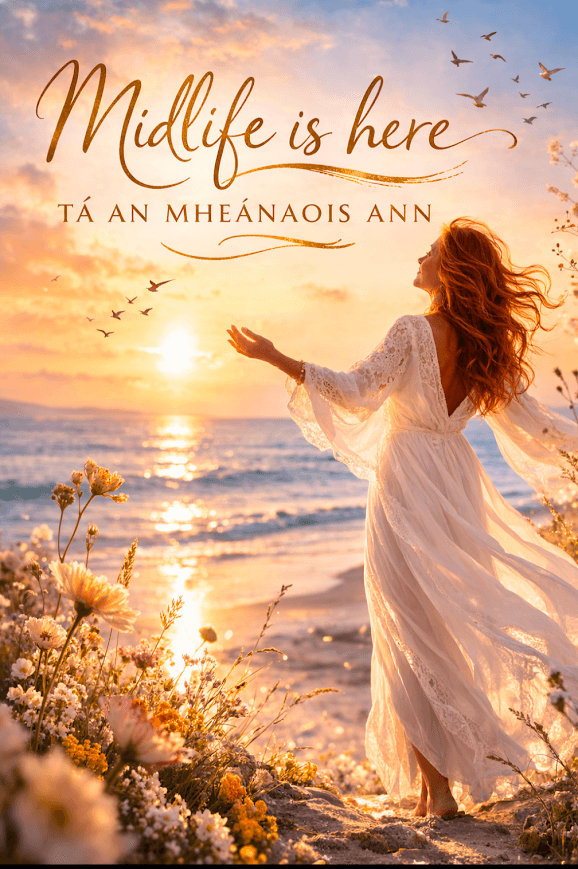 Illustration of a woman by the sea at sunrise with the words 'Midlife is here / TÁ AN MHEÁNAOIS ANN'