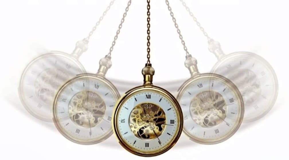 A gold pocket watch swinging on a chain — the classic image of hypnosis as a focused, relaxed state